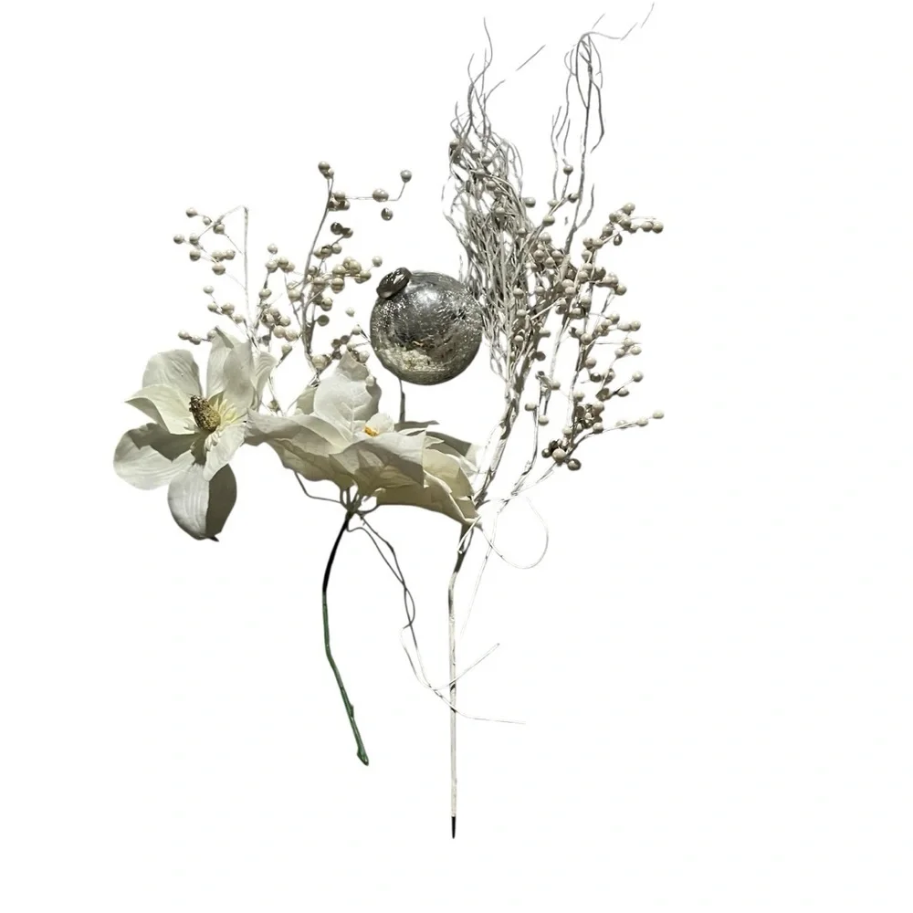 Elegant White and Silver Floral Ornament Set
